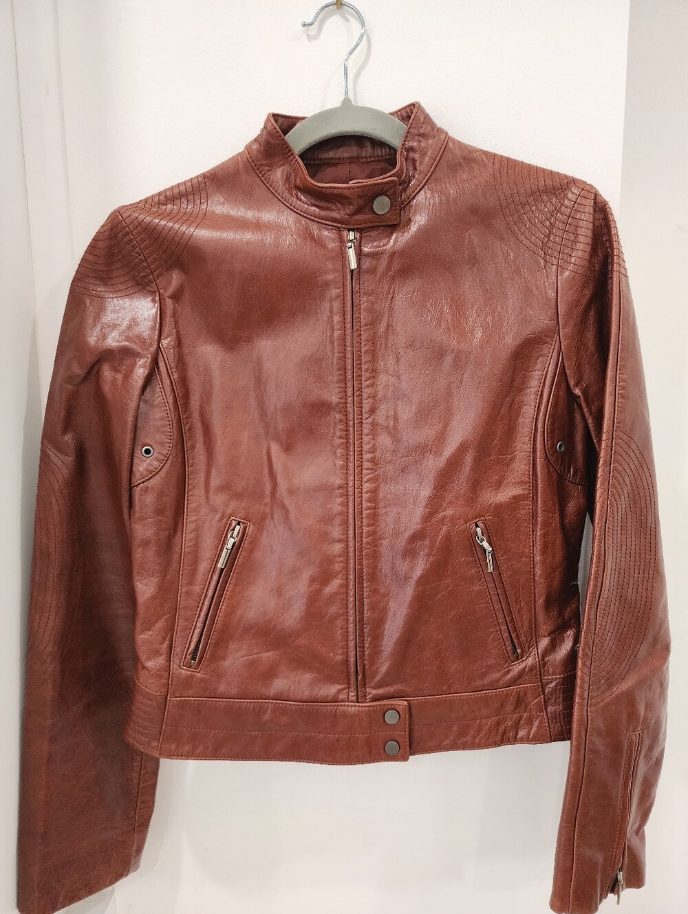 Elie Tahari Cognac Brown Genuine Leather Moto Jacket Size S/P